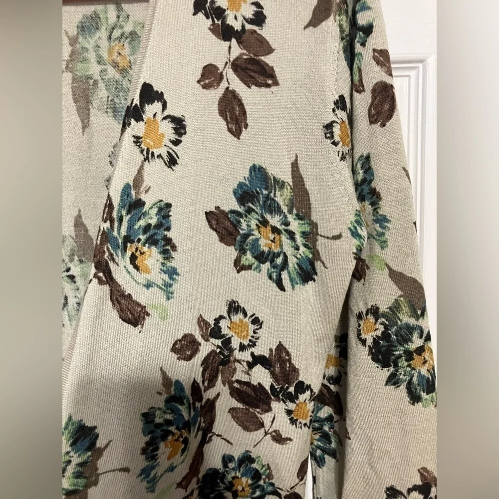 Garnet Hill‎ 100% Merino Wool Cardigan Sweater Size S Taupe Floral Open Front